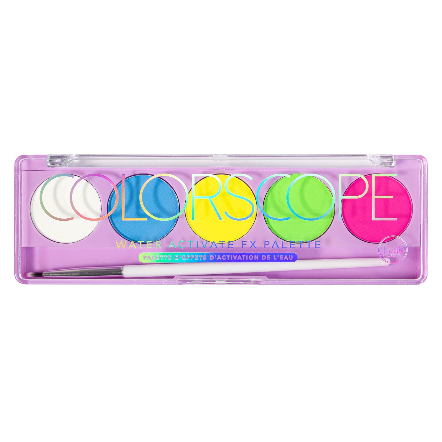 Get bold and creative by using J.Cat Beauty Colorscope Water Activate FX Palette. Each palette contains 5 fun, smudge-proof shades and also includes a fine tip liner brush.