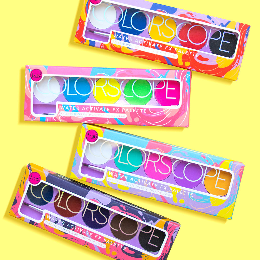 Get bold and creative by using J.Cat Beauty Colorscope Water Activate FX Palette. Each palette contains 5 fun, smudge-proof shades and also includes a fine tip liner brush.