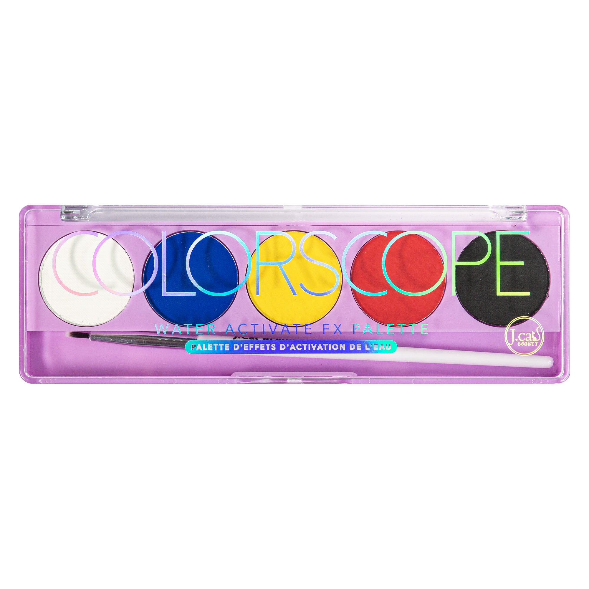 Get bold and creative by using J.Cat Beauty Colorscope Water Activate FX Palette. Each palette contains 5 fun, smudge-proof shades and also includes a fine tip liner brush. 