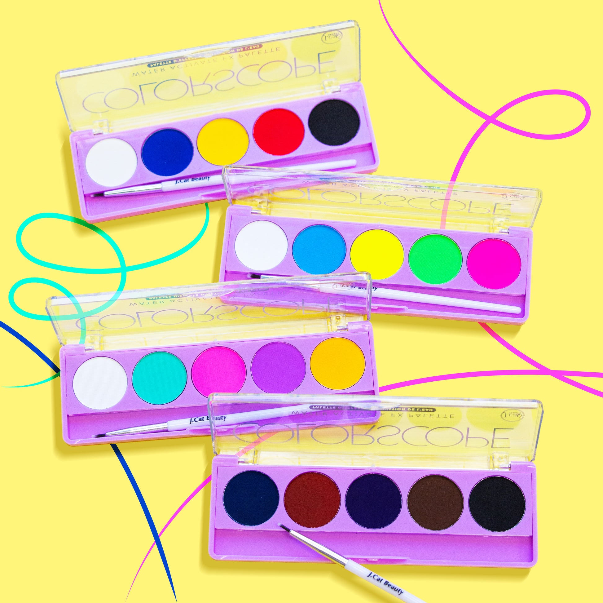 Get bold and creative by using J.Cat Beauty Colorscope Water Activate FX Palette. Each palette contains 5 fun, smudge-proof shades and also includes a fine tip liner brush. 